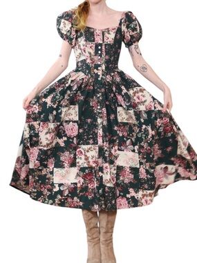Womens Patchwork Floral Puff Sleeve Corset Dress Cottage Milkmaid Fairy